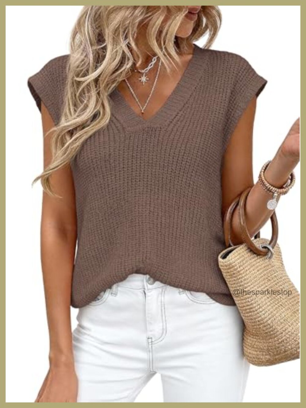 Women's Cap Sleeve V-Neck Sweater Vest Split Hem Knit Top